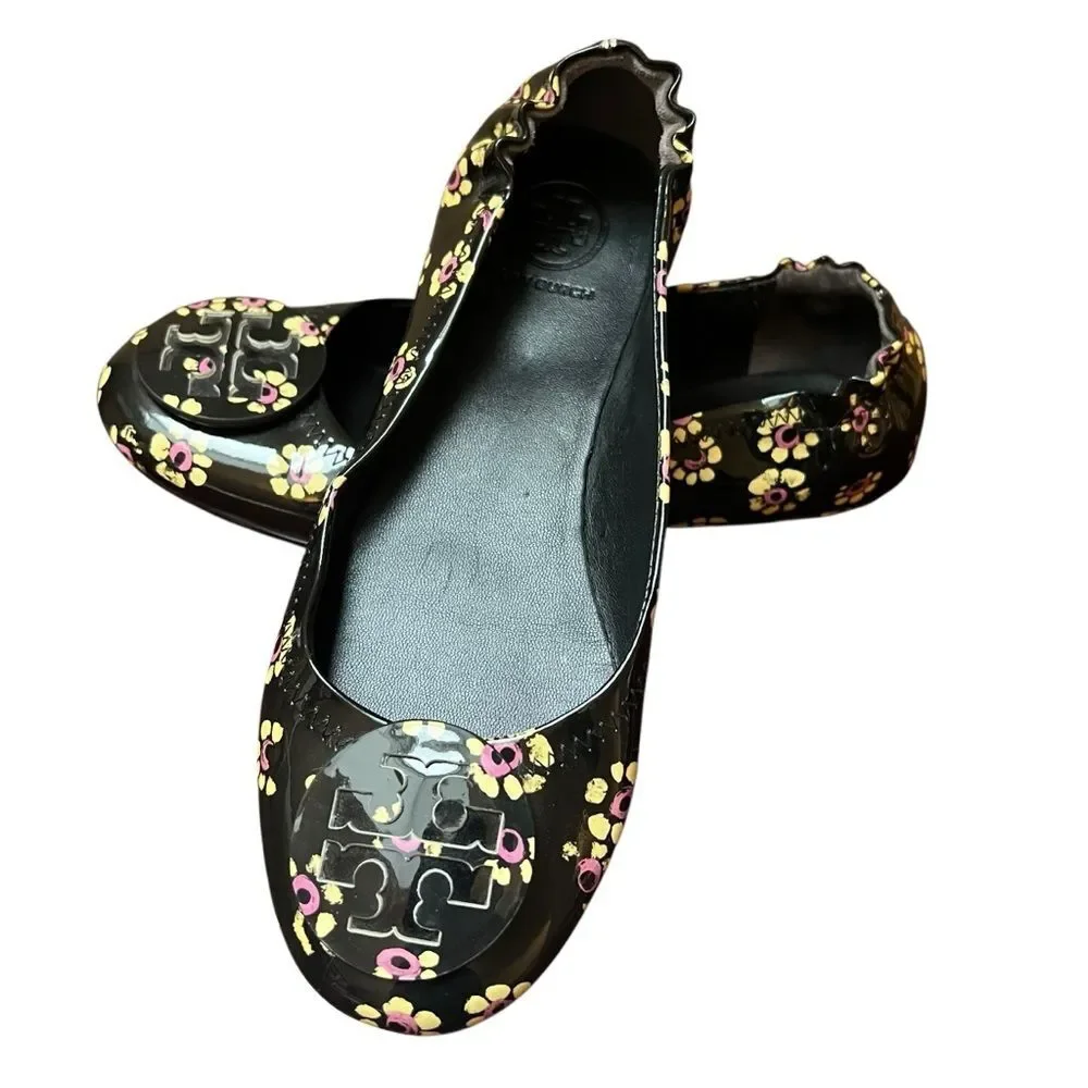 Tory Burch Minnie Travel Ballet Flats Black Patent Floral Print US 6.5